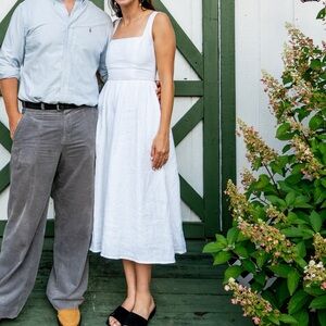 100% European Linen Fit & Flare Midi Dress in White